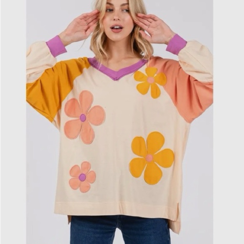 Sage+Fig OVERSIZED Multi Colored Daisy Patch Top 100% Cotton Sz L